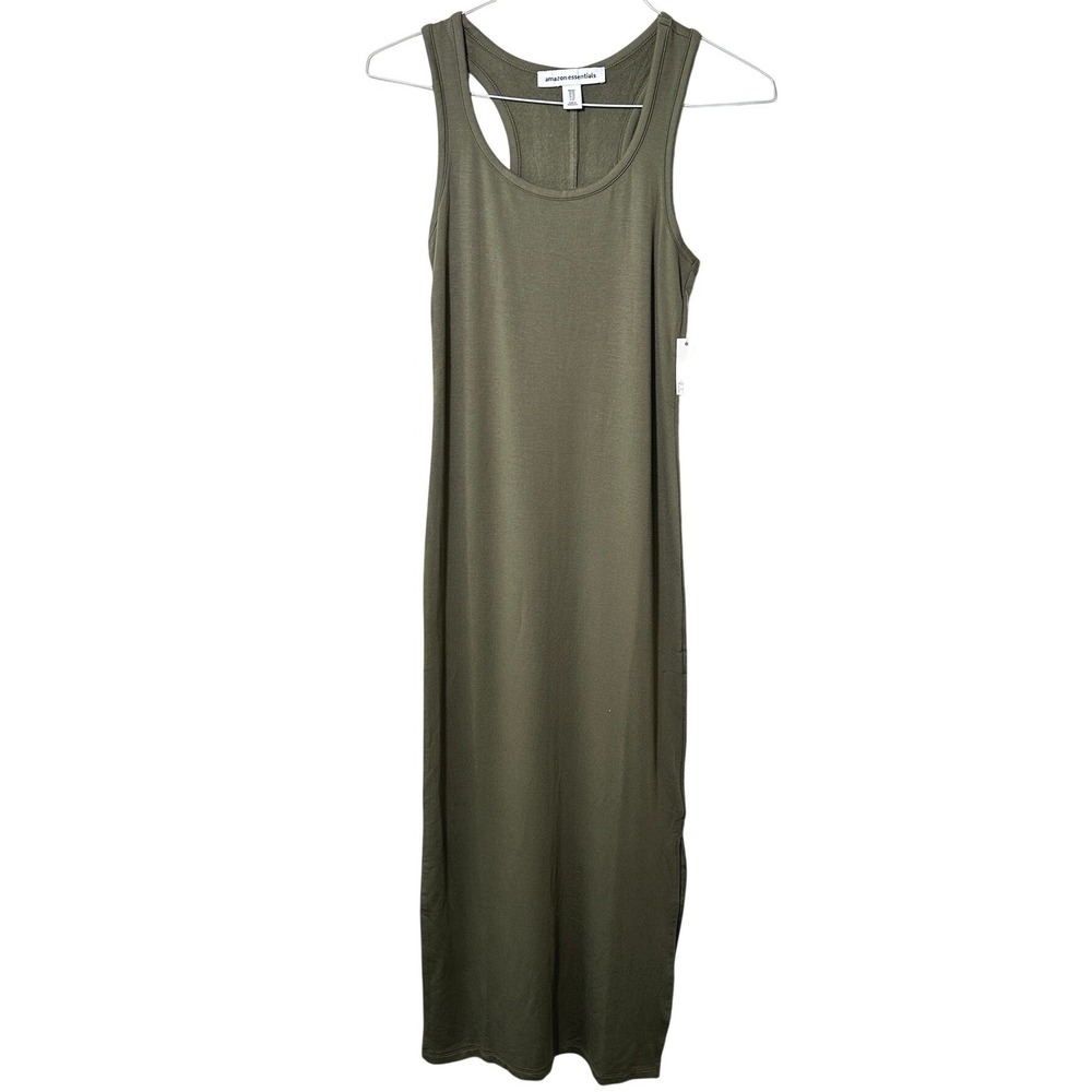 Amazon Essentials Women's Tank Maxi Dress‎ XS Dark Olive Racerback Side Slit NWT